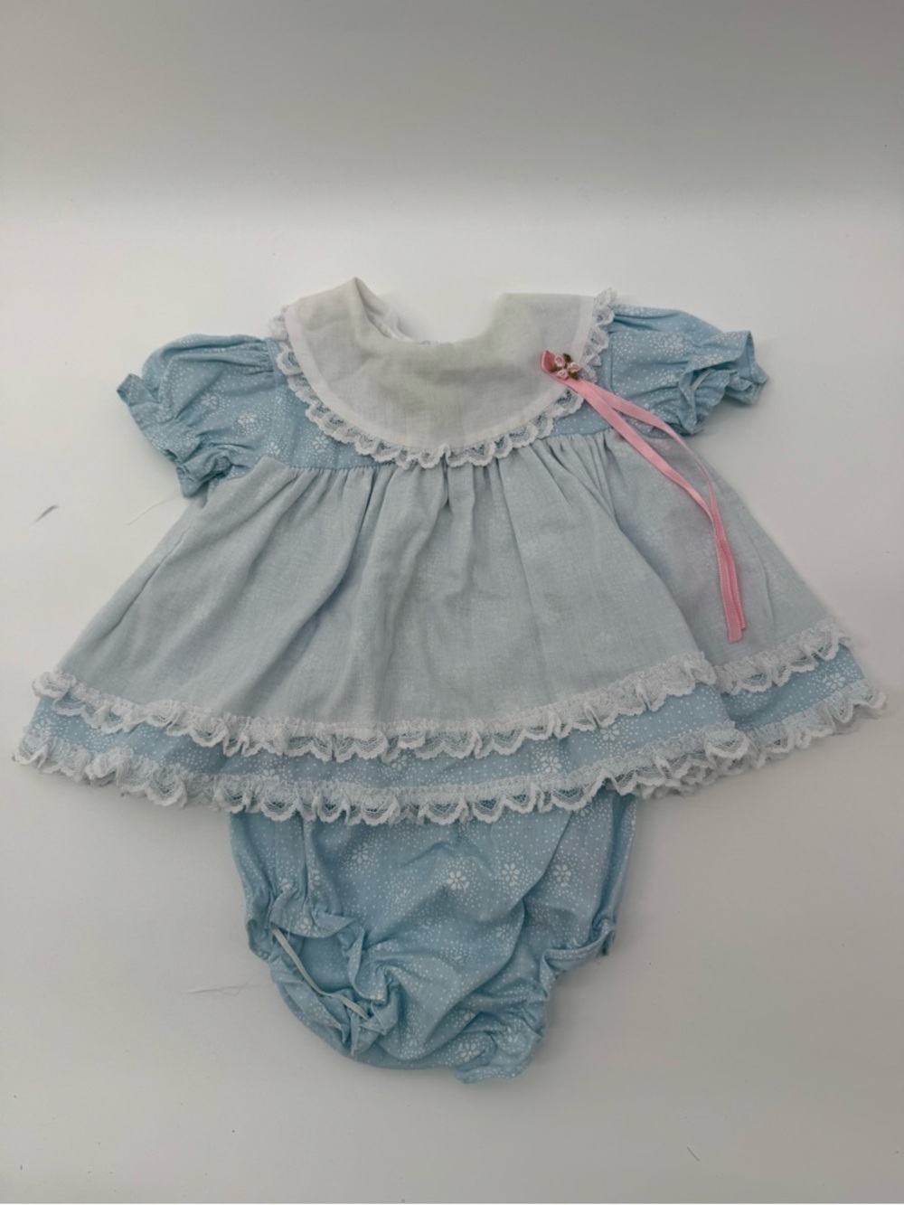 Vintage Sweet Treats Baby Girls Light Blue Ruffle Dress and Bloomer Set